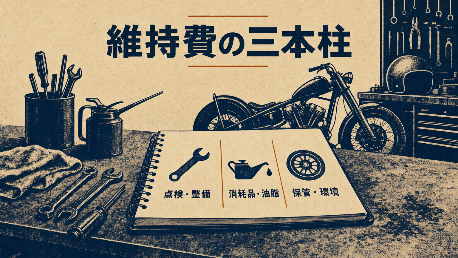 マグナ250の年間維持費の構成を示すコンセプトビジュアル。税金・保険・消耗品の三本柱を象徴するガレージ的なエディトリアル画像」 data-purpose=