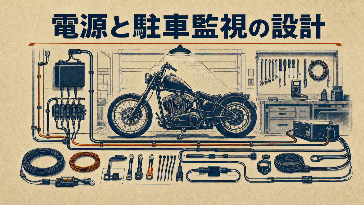 ガレージでのバイクの駐車監視と電源配線のイメージ:工具と配線が並ぶ整備作業の雰囲気」 data-purpose=