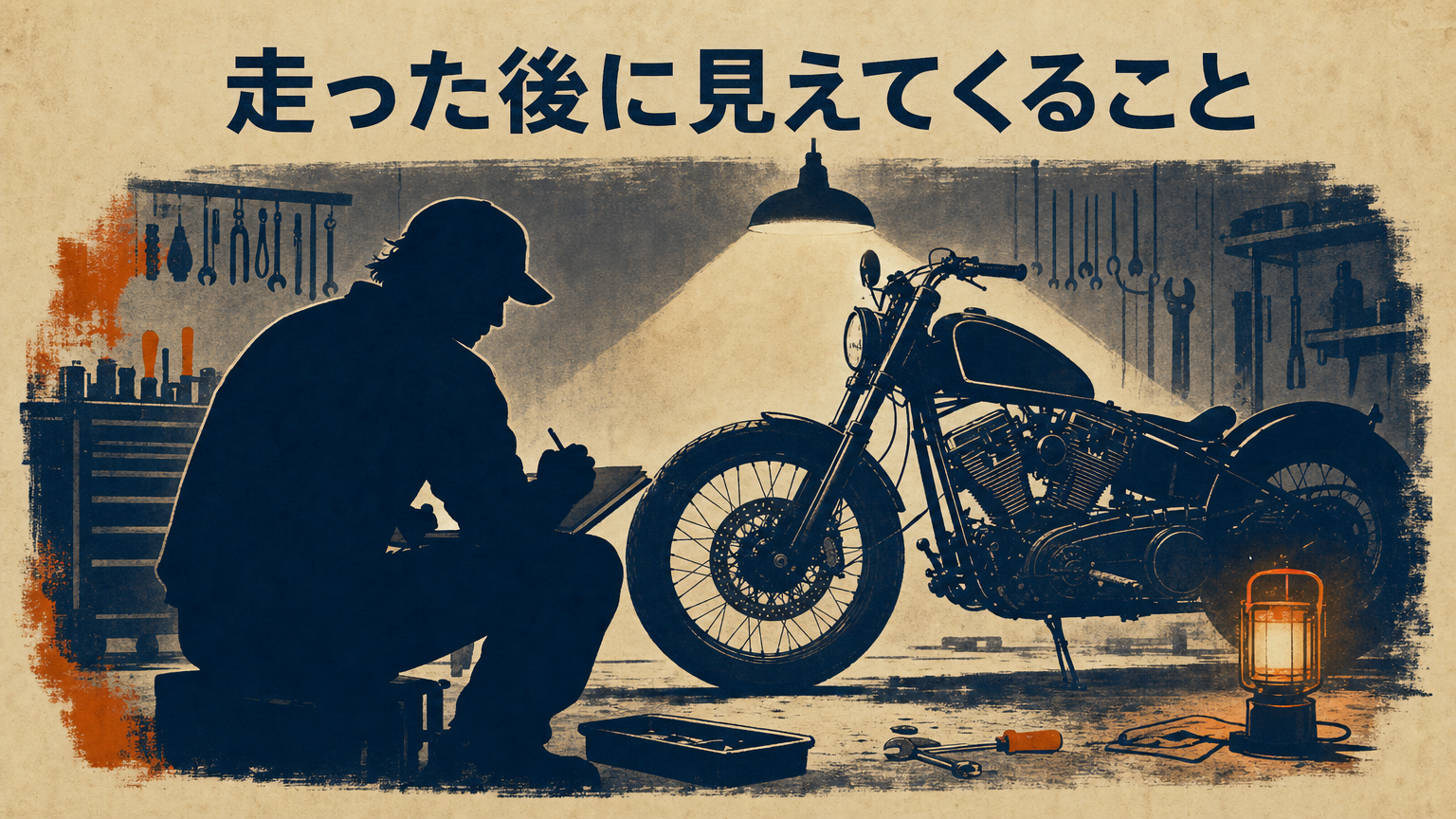 走行後にガレージでバイクの各部を確認しているメカニックのイメージ、整備と観察の概念的ビジュアル