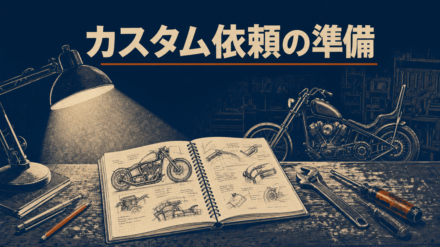 ガレージの作業台に広げたスケッチとメモ、工具が並ぶカスタム準備のイメージ