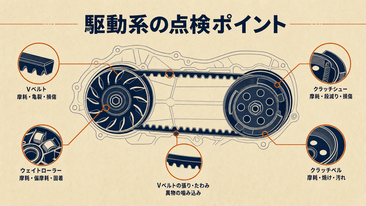 スクーターの駆動系部品（Vベルト・プーリー）の概念図、整備点検のイメージ