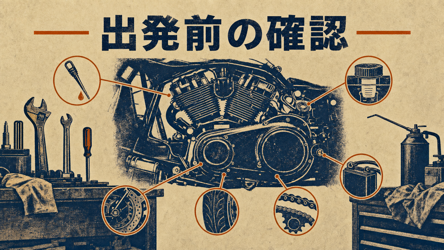 ガレージでバイクの状態を確認するメカニックの手元の概念図