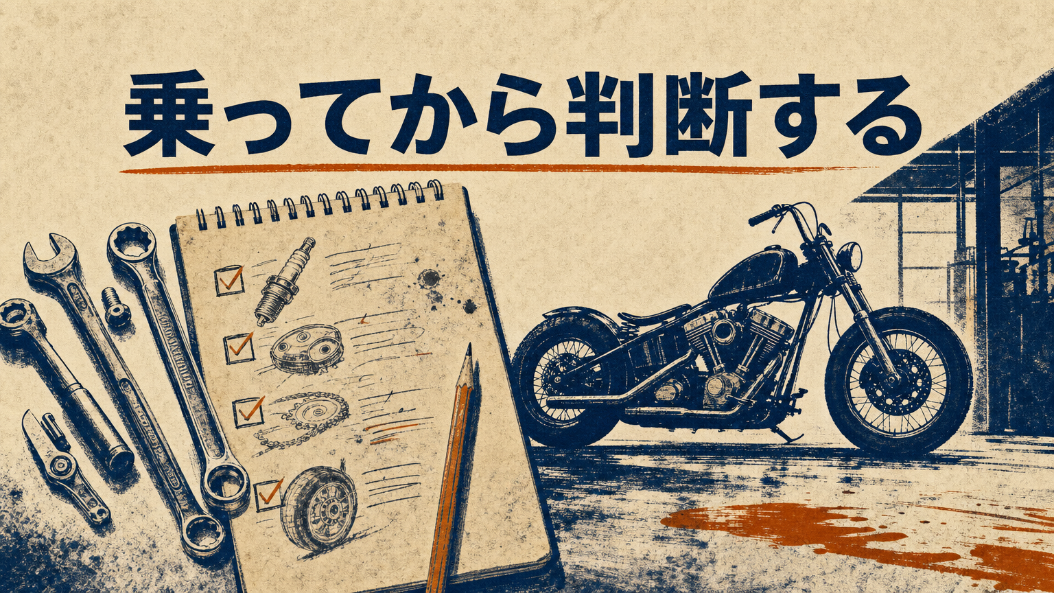 ガレージのコンクリート床に置かれた工具と、フォーティーエイトの購入検討ノートを連想させるコンセプトビジュアル