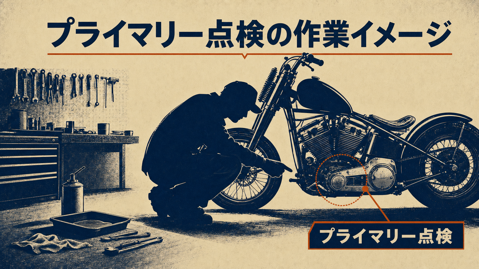 ガレージでプライマリーケースのドレンボルトを点検するイメージ：工具と暗いガレージの雰囲気