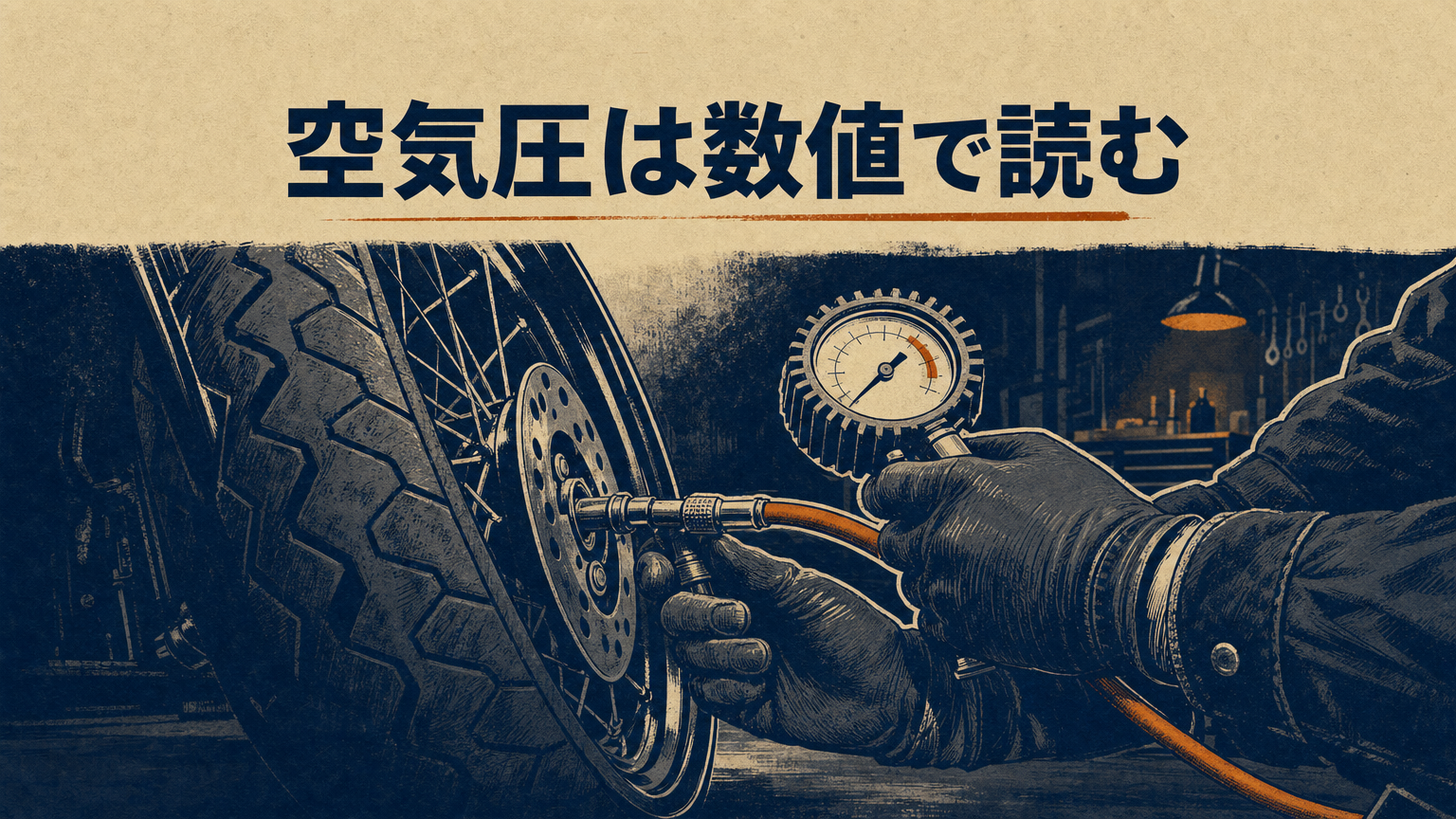 エアゲージでタイヤの空気圧を計測するイメージ。バイクのリアタイヤに当てられた計測器と、数値を読む視線の概念図