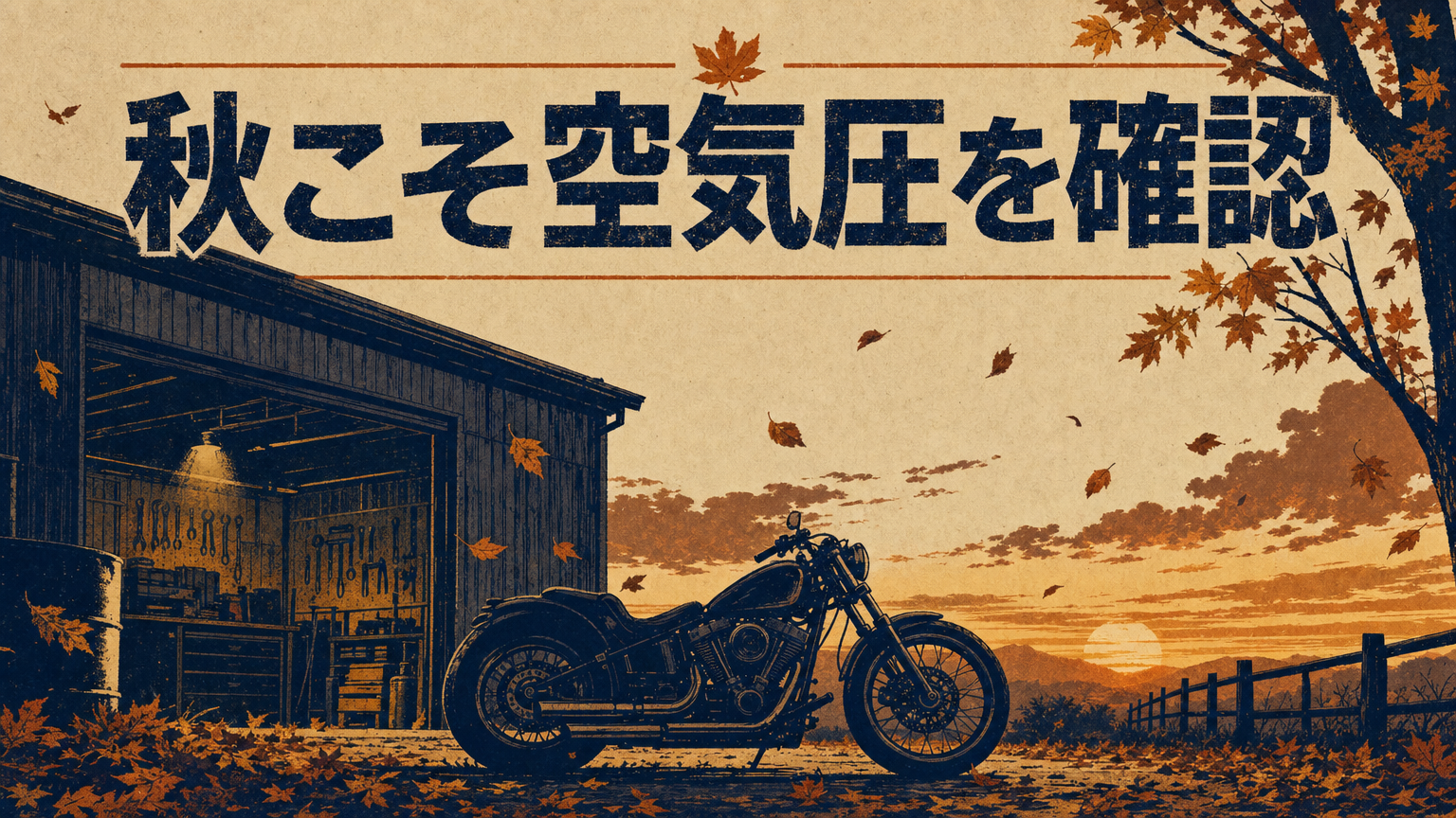 秋のガレージでバイクのタイヤをチェックするイメージ。気温と空気圧の関係を示すコンセプトビジュアル
