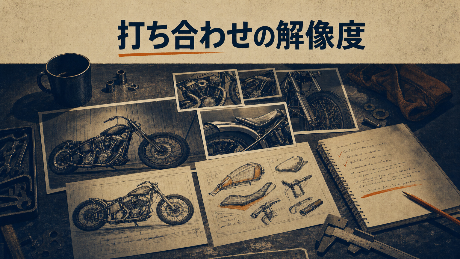 カスタムの方向性を打ち合わせるために並べられた参考写真とメモ帳、ガレージの作業台の上で整備士が確認している様子のコンセプトビジュアル
