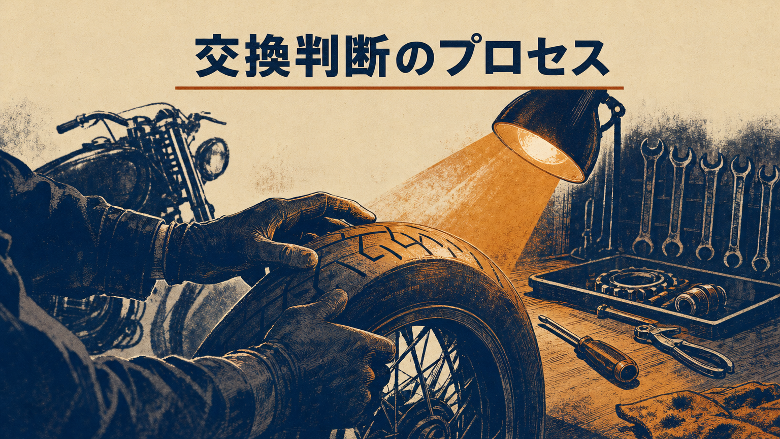 整備士がハーレーのタイヤを点検している作業イメージのコンセプトビジュアル