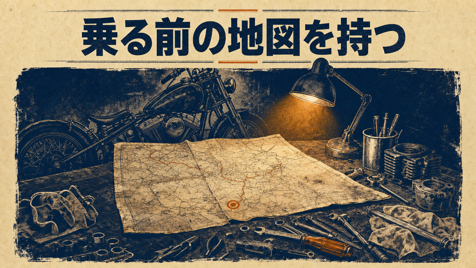 地図と工具が並ぶガレージのテーブル、乗り方の設計を象徴するコンセプトビジュアル