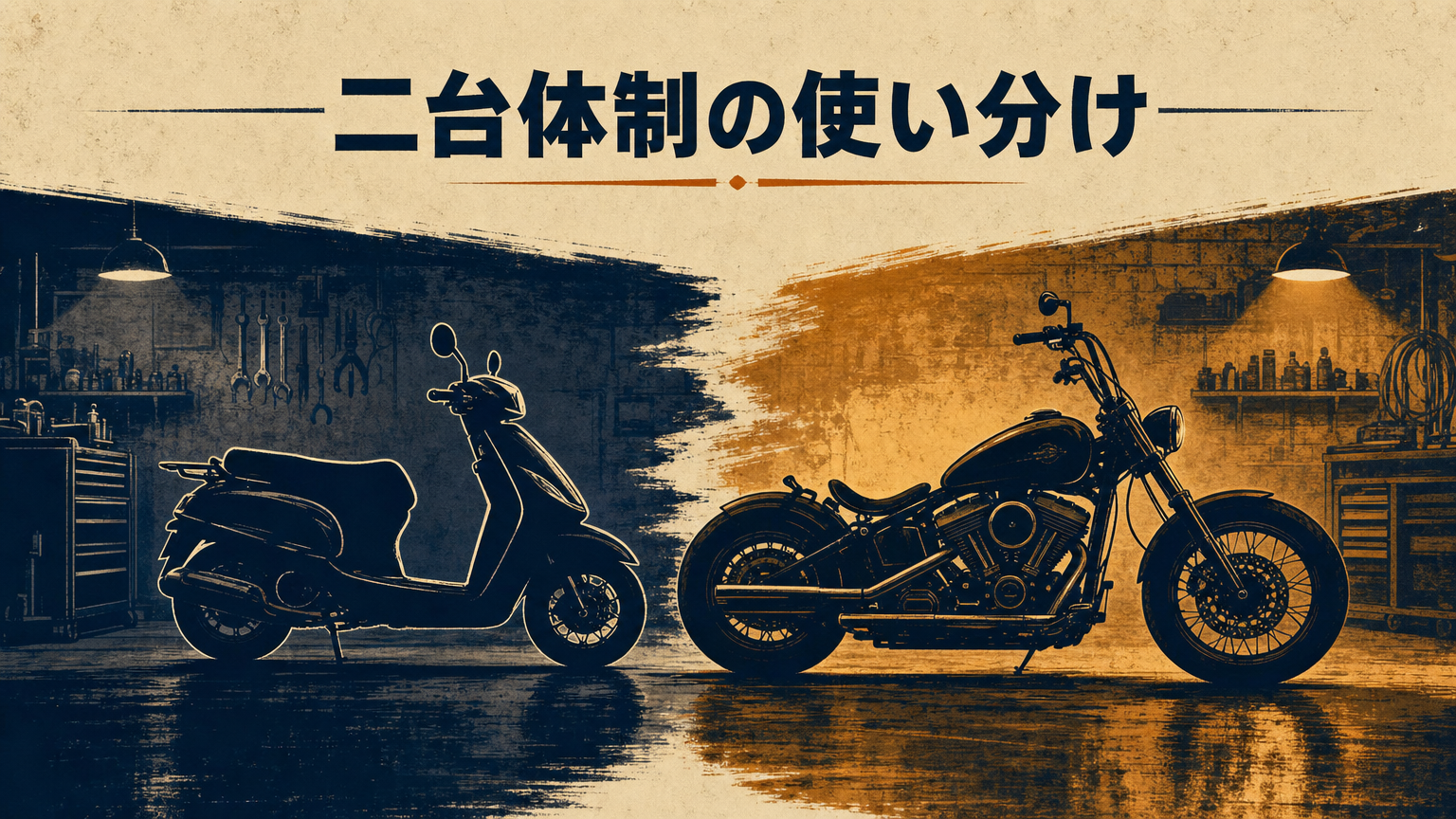 スズキ・レッツと大型バイクが並ぶガレージのイメージ。二台体制のコントラストを概念的に表したビジュアル