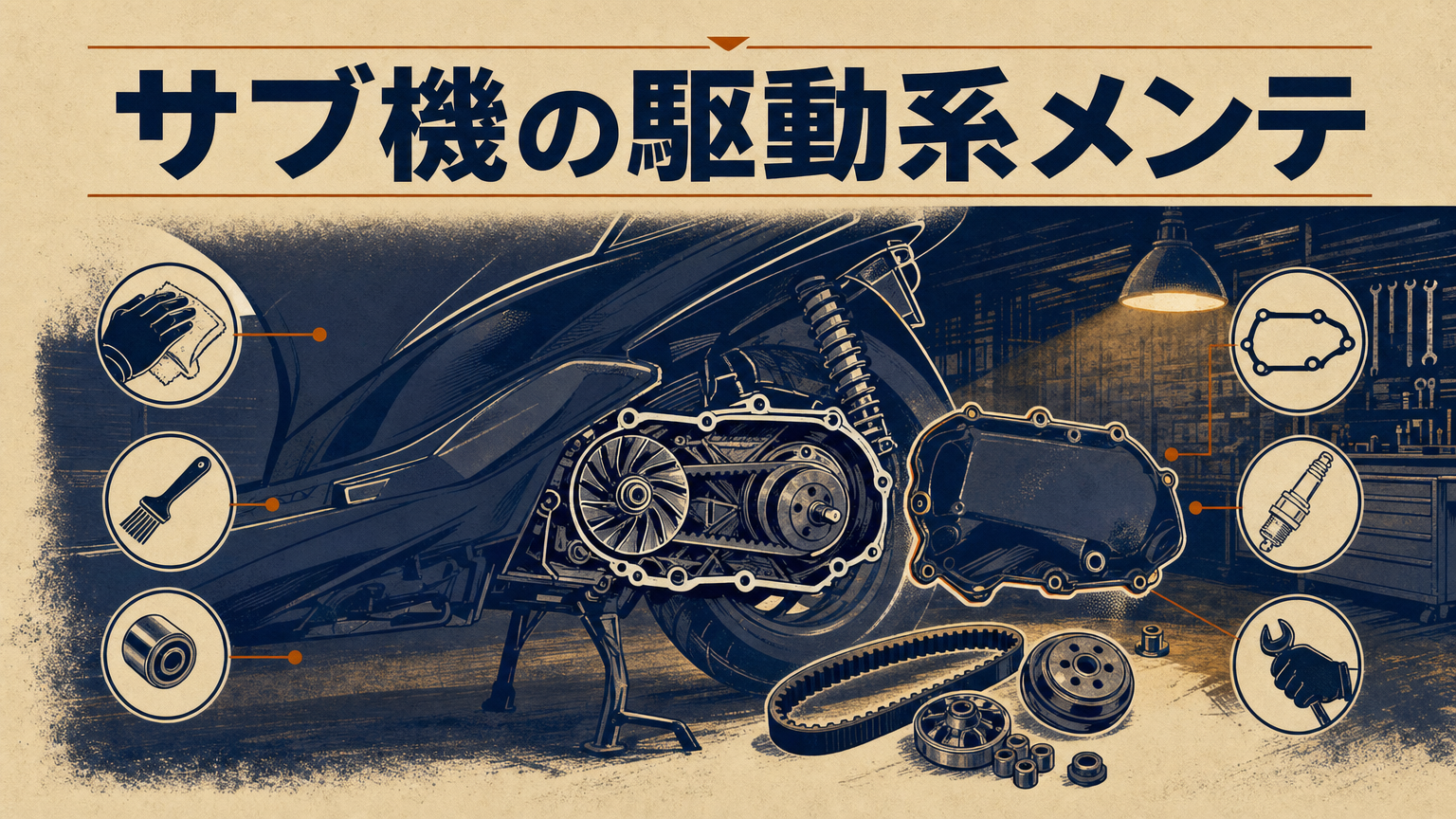 原付スクーターの駆動系(CVTベルト周辺)の概念的な整備イメージ