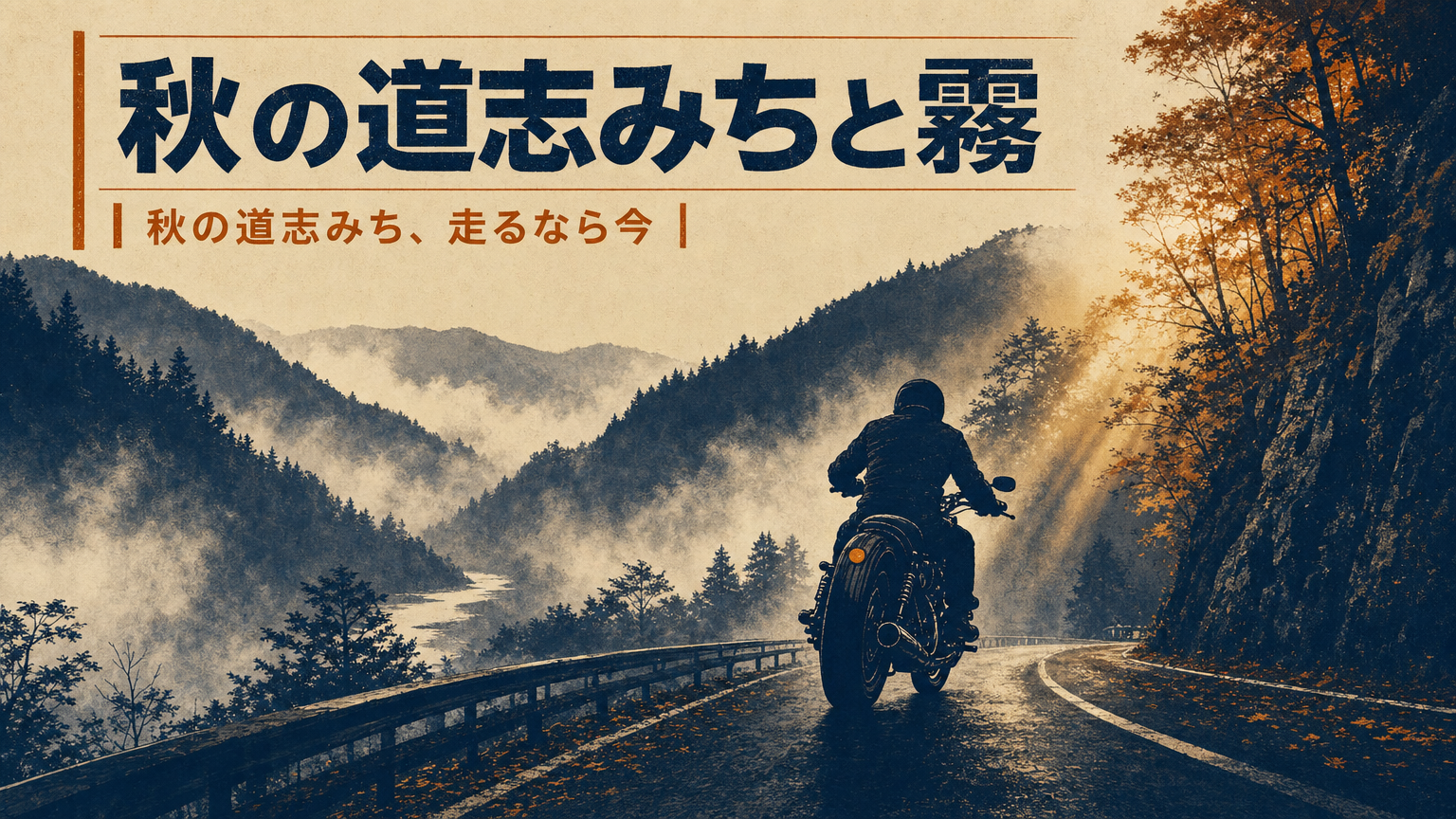 秋の渓谷を走るバイクのシルエット。朝霧と木漏れ日の中、道志みちのワインディングを走り抜けるライダーのイメージ