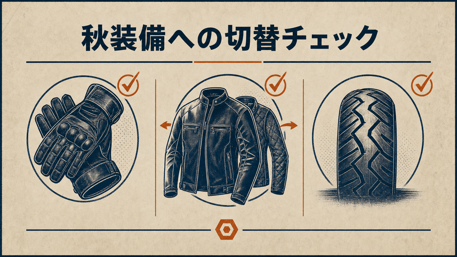 グローブ・ジャケット・タイヤという秋の山岳ツーリング装備を概念的に示したビジュアル