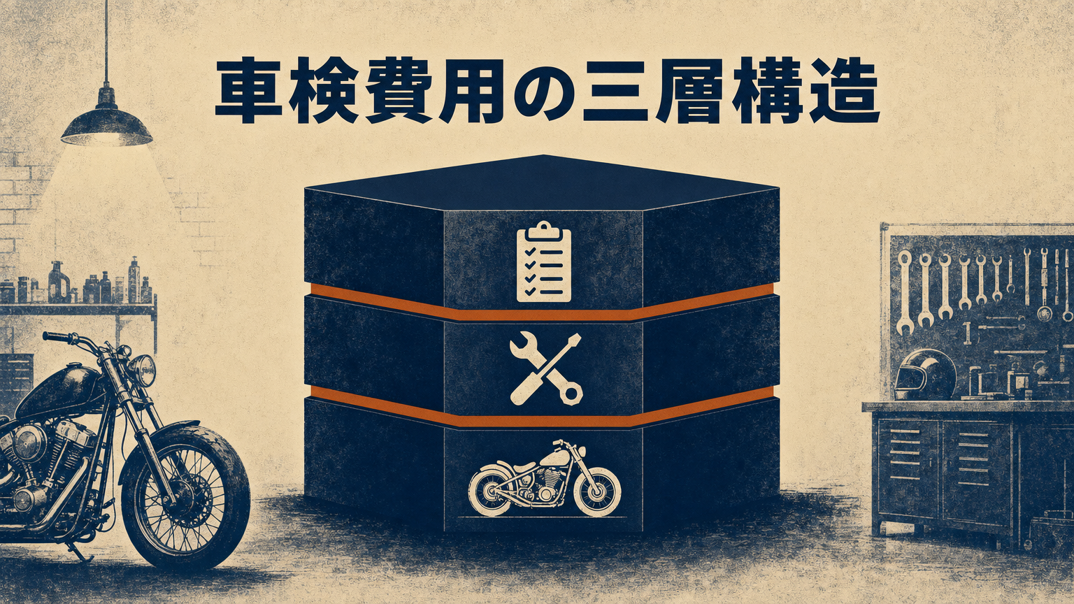 車検費用の三層構造を概念的に示す図。法定費用・代行費用・整備費用の積み重なりをガレージの雰囲気で表現。
