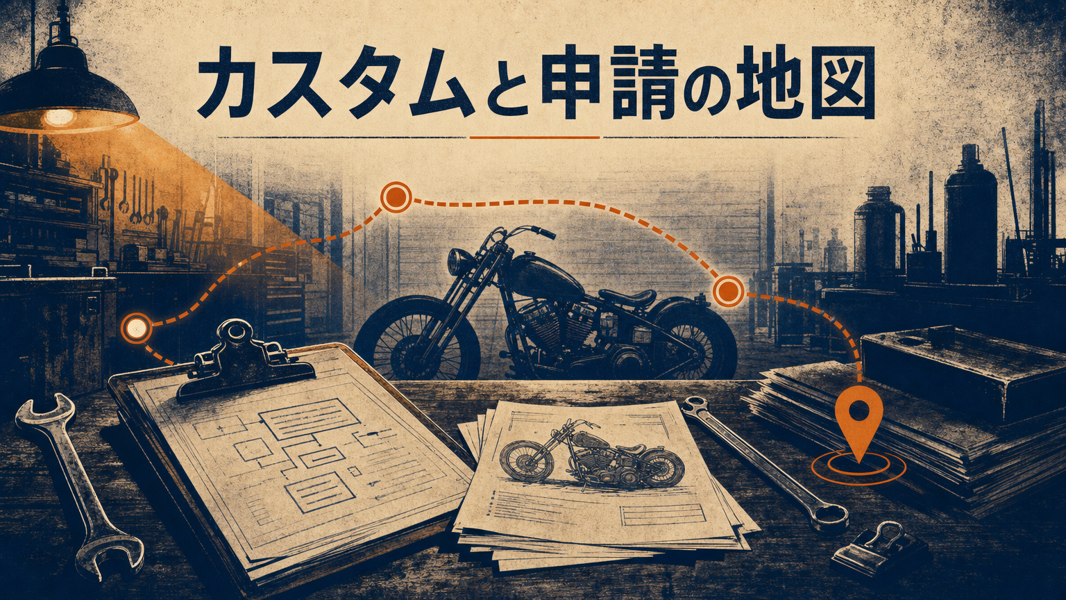 ガレージでカスタムの計画を立てるイメージ——ハーレーのシルエットを背景に、書類と工具が並ぶ作業台