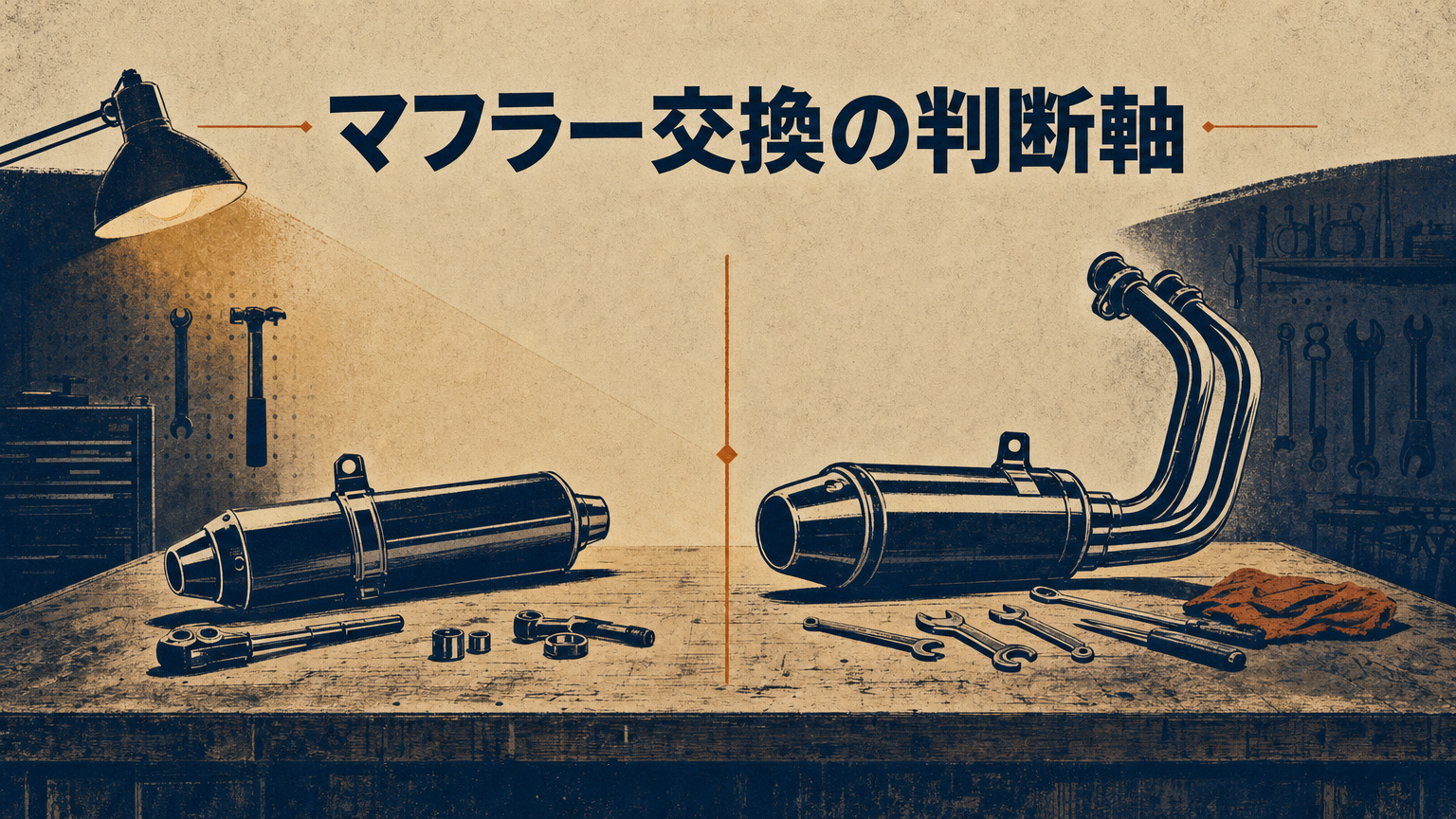 ガレージでのマフラー交換作業のコンセプトビジュアル。工具と排気パーツが並ぶ作業台のシルエット。