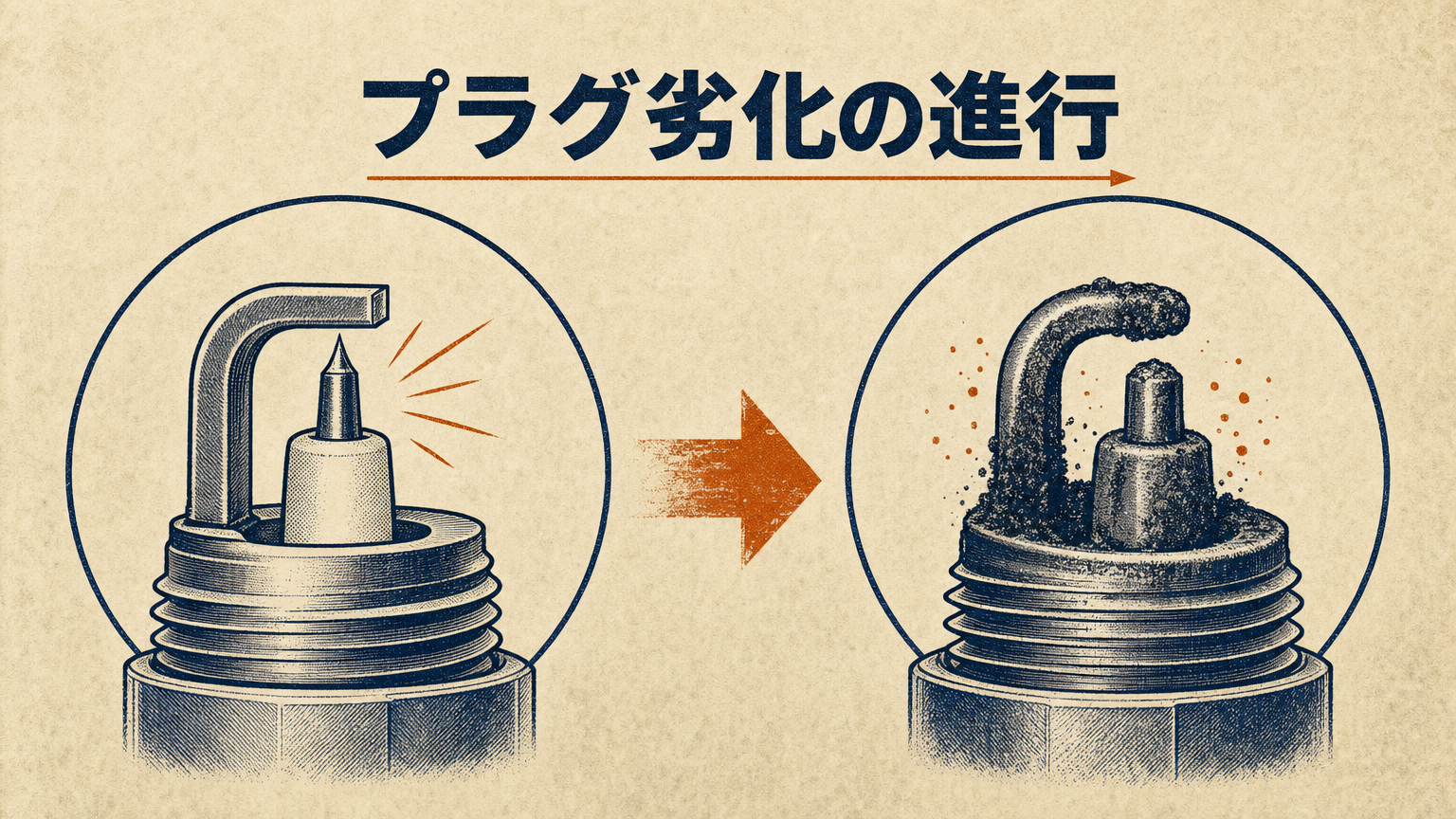 スパークプラグの電極摩耗とカーボン付着を示す概念図。新品と使用後の比較イメージ。