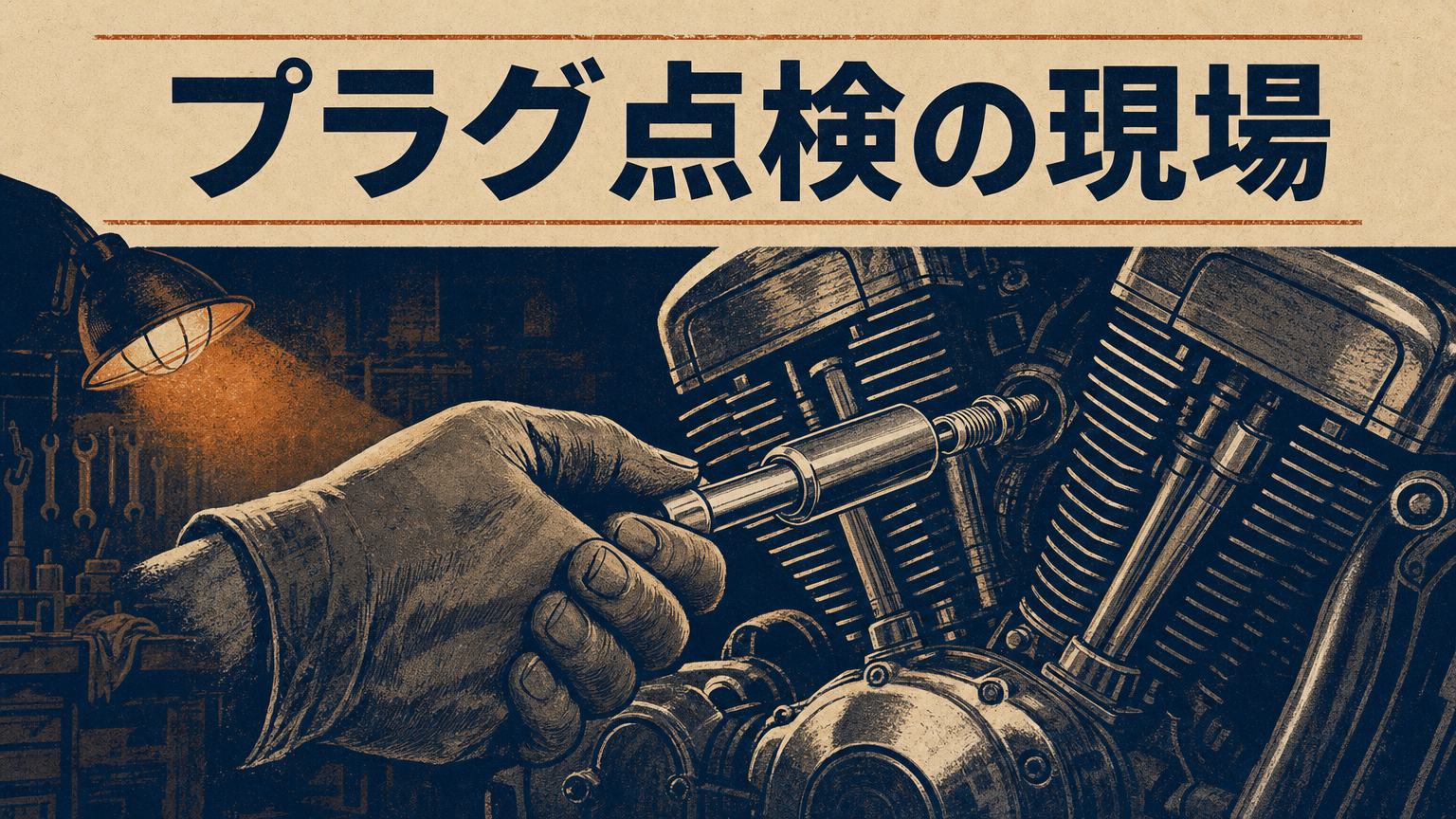 ガレージでプラグを点検するメカニックの手元、工具とバイクエンジンのイメージ