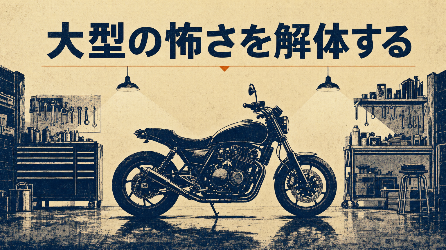 ガレージ内に佇むCB1000Fのシルエット。低重心の車体と落ち着いた構えが伝わる構図