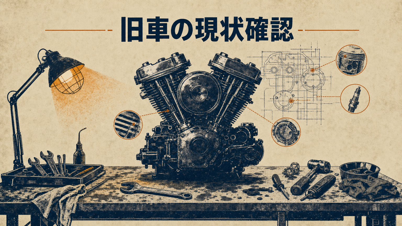 ガレージ内でチェックを受けるマグナ250のエンジン周りと工具が並ぶ整備台のイメージ