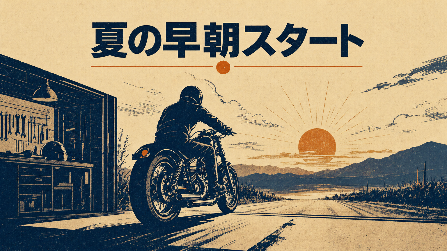 夏の早朝、ガレージから出発するバイクのシルエット。低い朝日が差し込む静かな情景