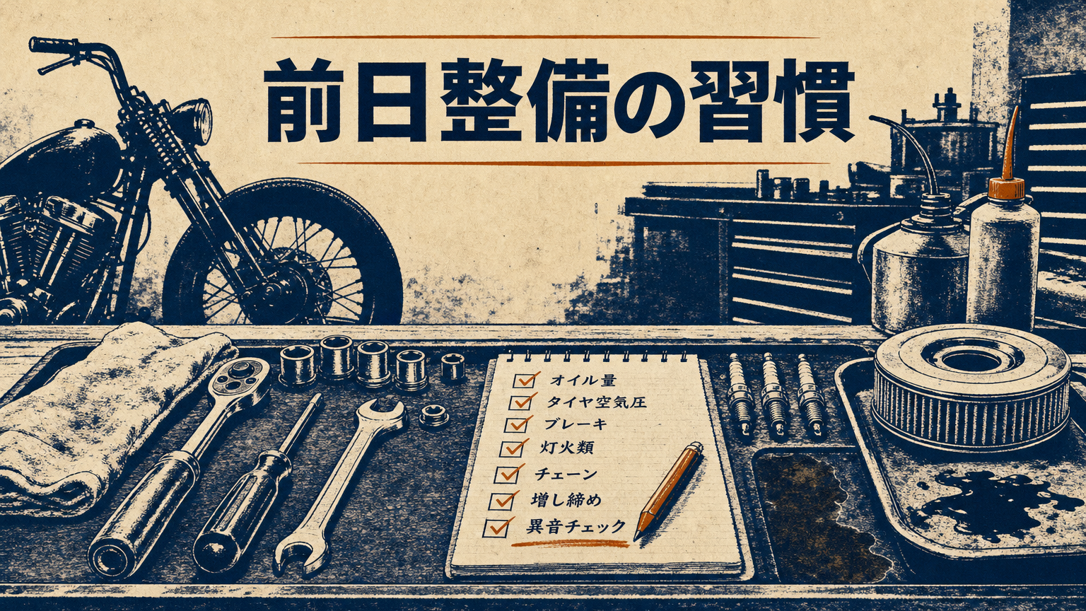 整備台の上に並ぶ工具と点検チェックリスト。出発前の準備を象徴する整備のイメージ