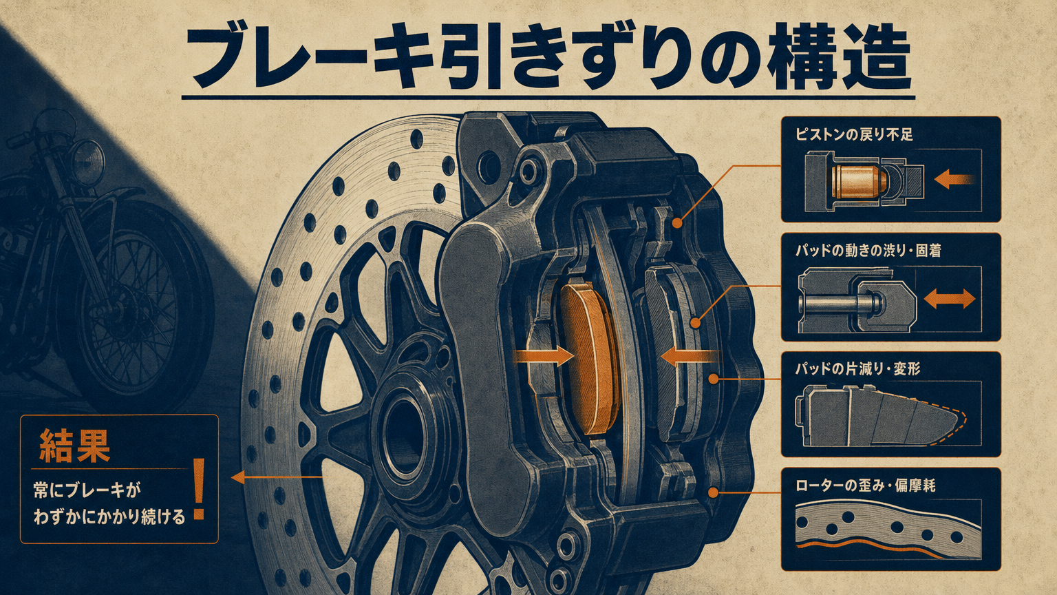 ハーレーのブレーキキャリパーとローター周辺の整備イメージ