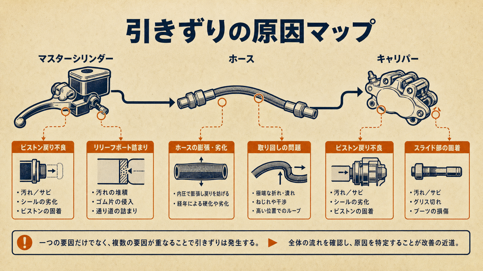 ブレーキフルードの劣化とホース状態を示す概念図」 data-purpose=