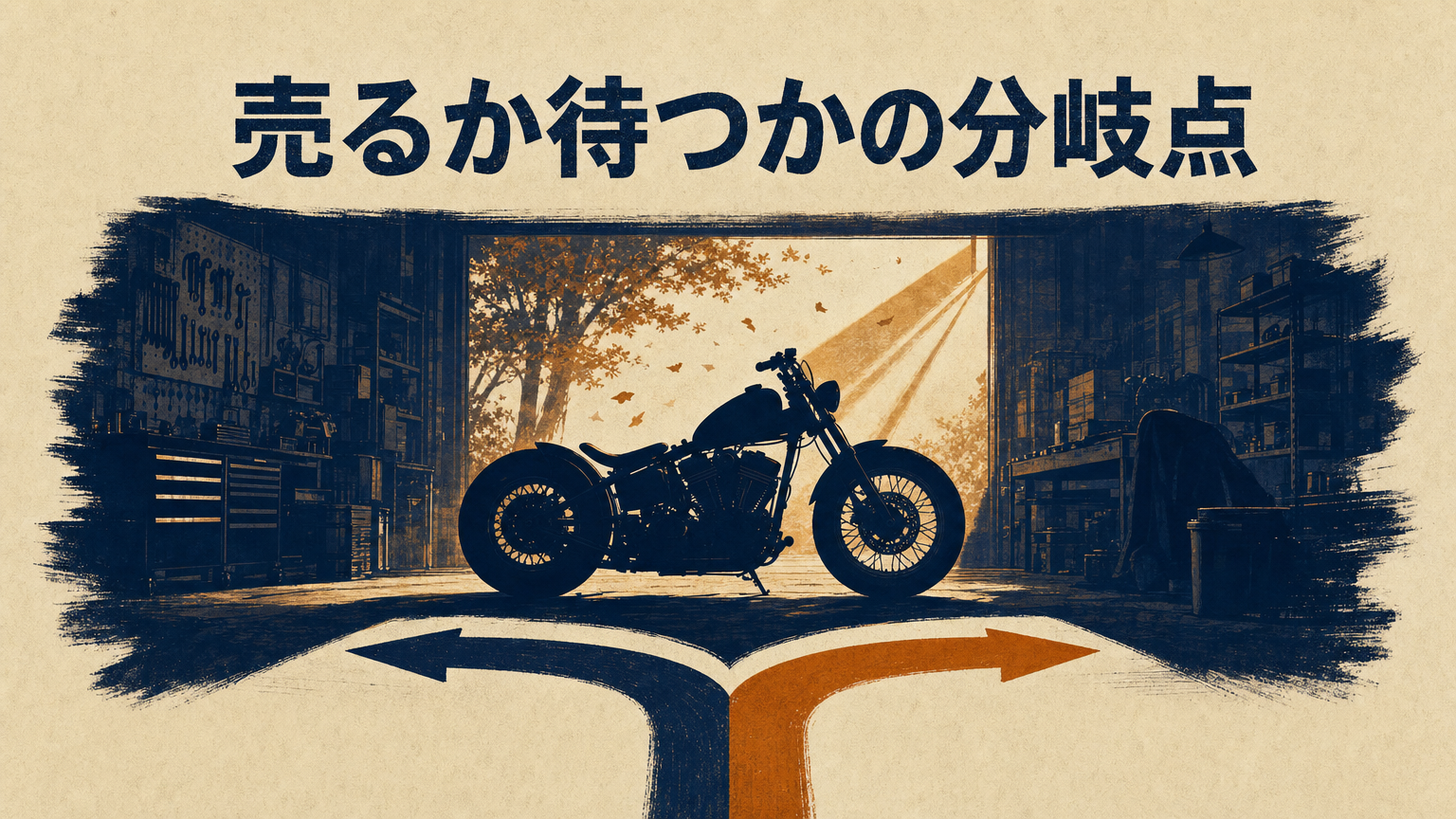 秋のガレージでバイク売却タイミングを考えるコンセプトビジュアル」 data-purpose=