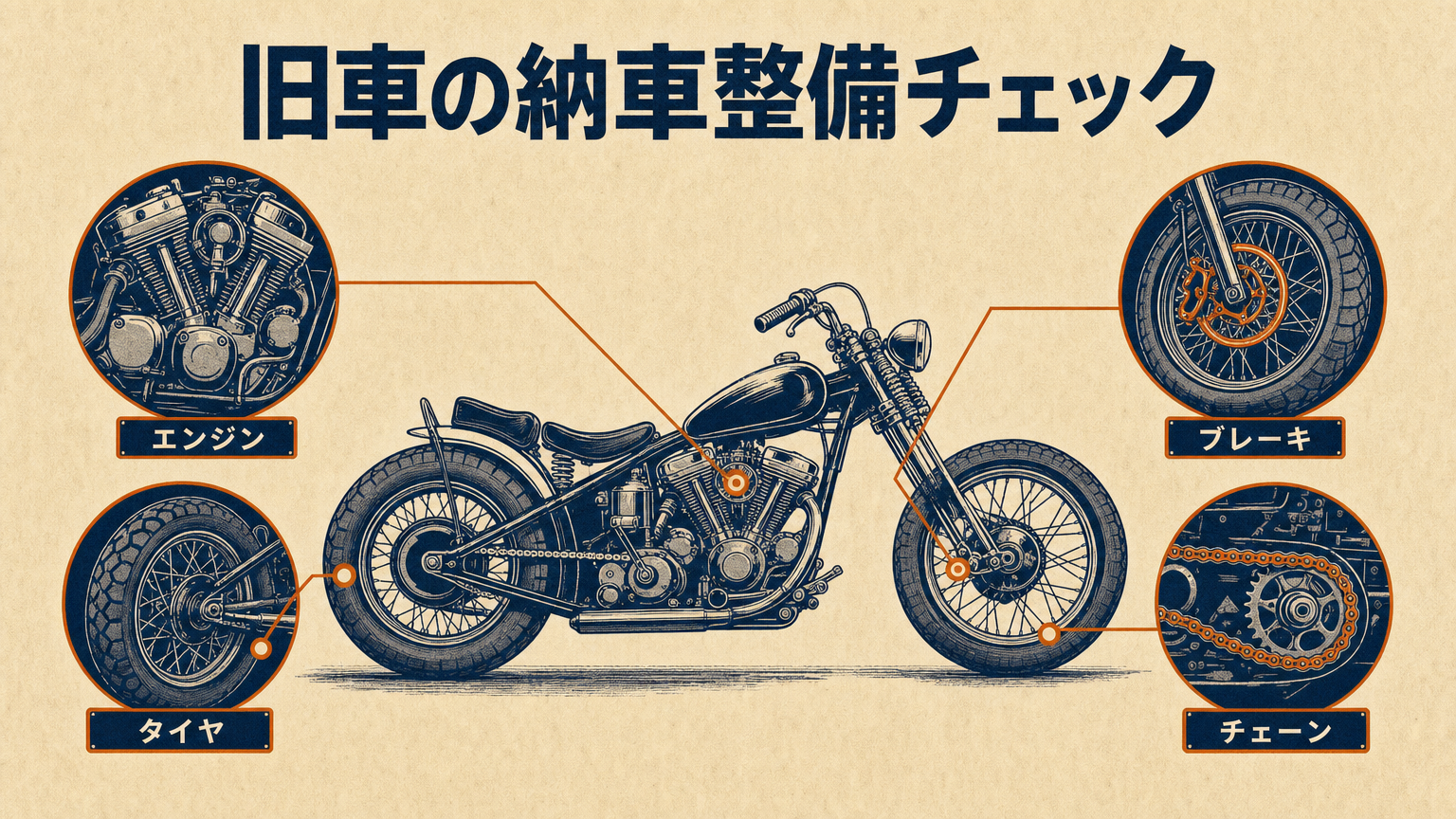 旧車バイクの納車整備で確認すべき部位を示すコンセプト図
