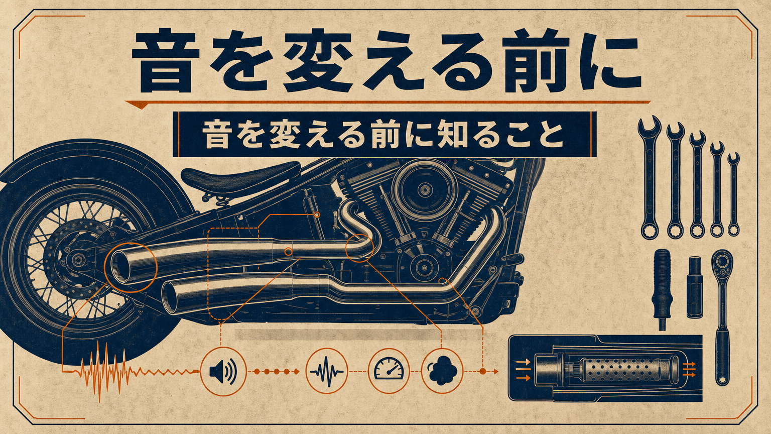 保安基準と車検対応マフラー選びの概念を示すエディトリアル画像