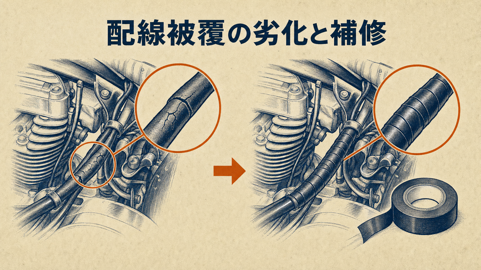 エンジンルーム内の配線被覆の劣化状態と絶縁テープによる補修箇所
