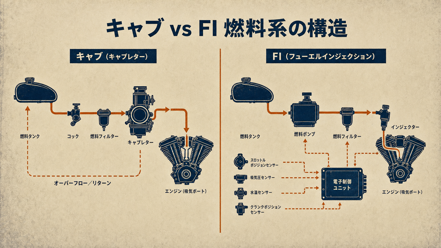 キャブレターとフューエルインジェクションの燃料供給の違いを示す概念図