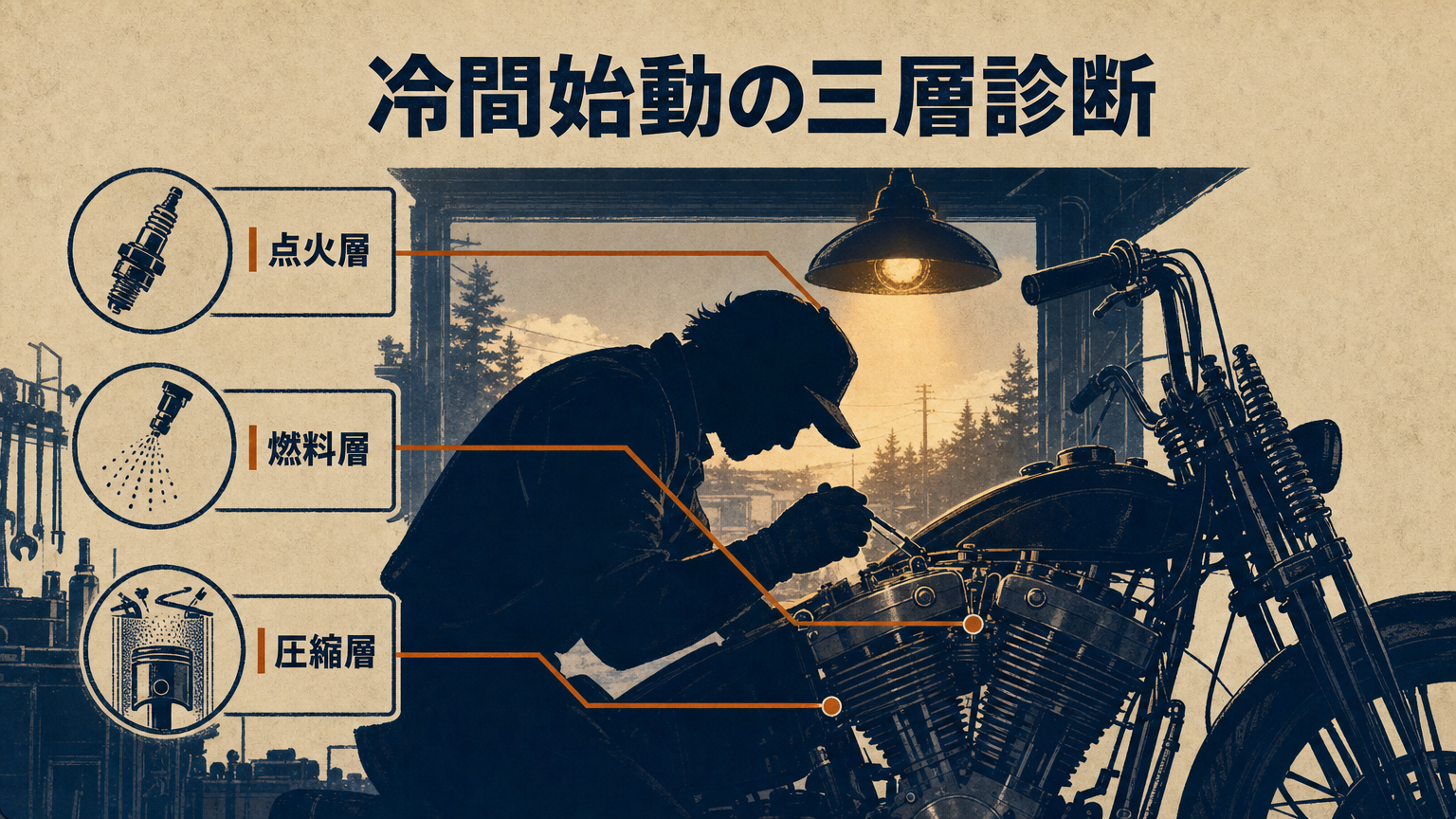ガレージ内でバイクのエンジン周りを点検するメカニックの概念的なイメージ」 data-purpose=