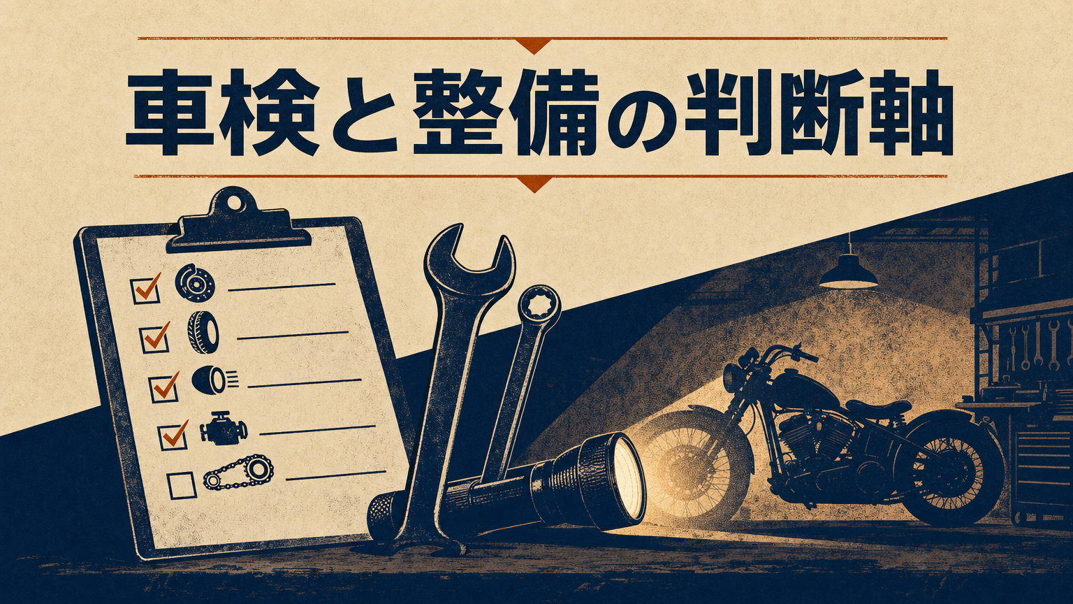 バイクの車検と整備点検のプロセスを表すコンセプトビジュアル。点検リストと工具のイメージ」 data-purpose=