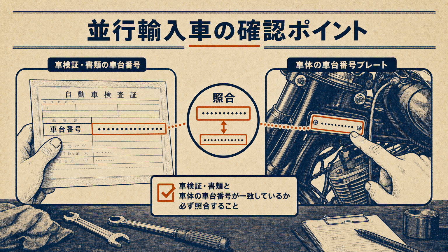 車台番号や車検証を確認する手元のイメージ