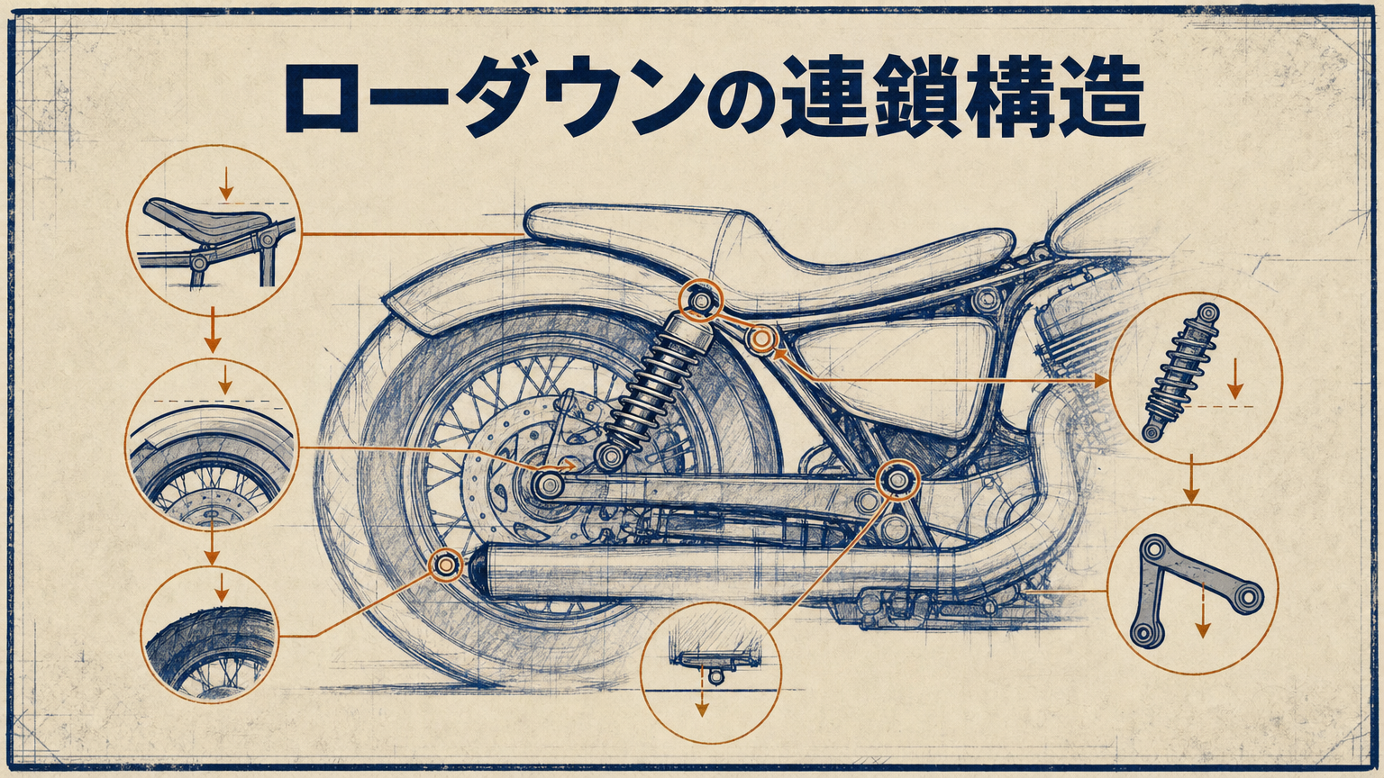 ハーレーのローダウン後のリア足回りとサスペンション構造のコンセプト図」 data-purpose=
