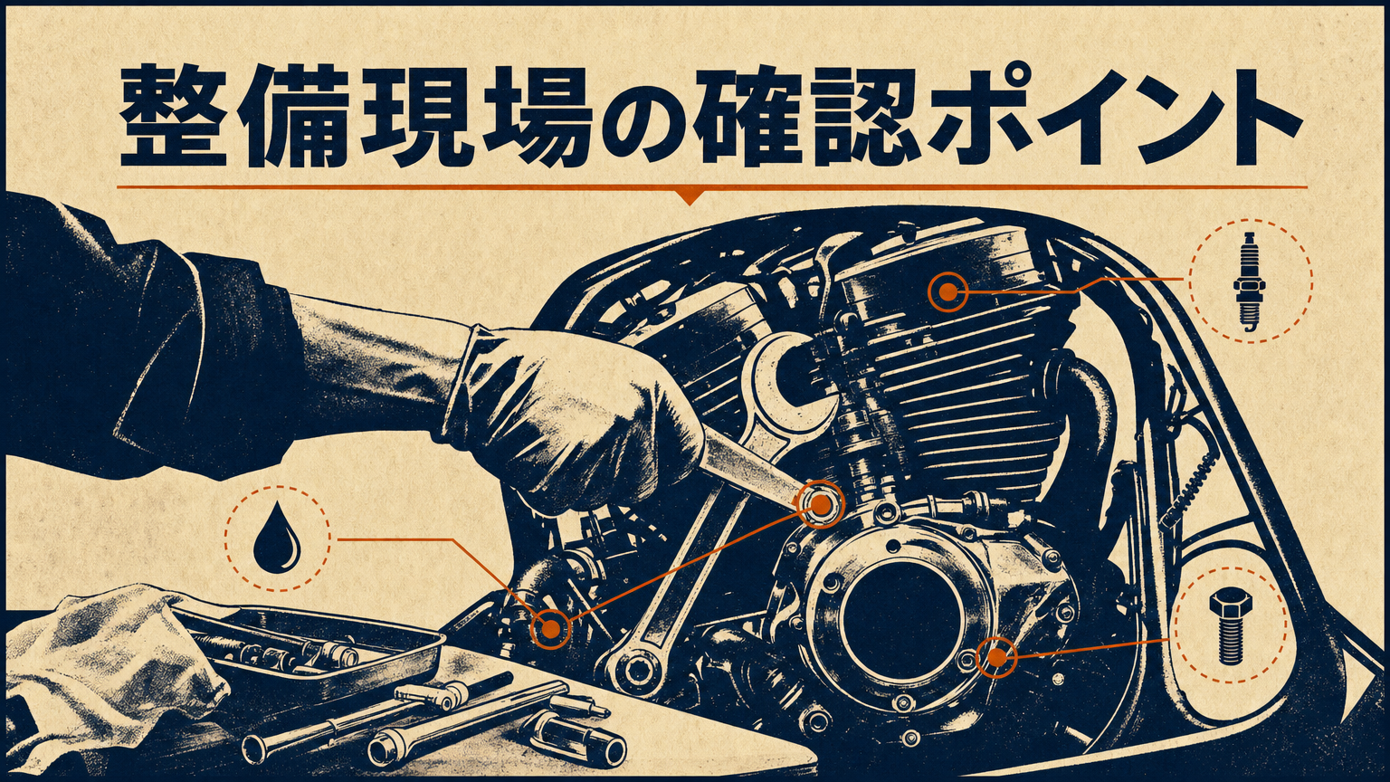 ツインカムエンジンの整備作業イメージ。工具と向き合うメカニックの手元の概念的なイラスト